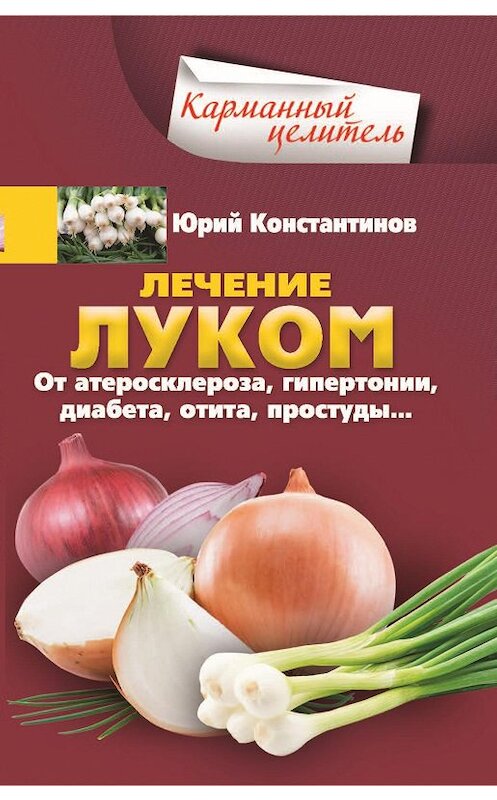 Обложка книги «Лечение луком. От атеросклероза, гипертонии, диабета, отита, простуды…» автора Юрия Константинова издание 2018 года. ISBN 9785227081629.