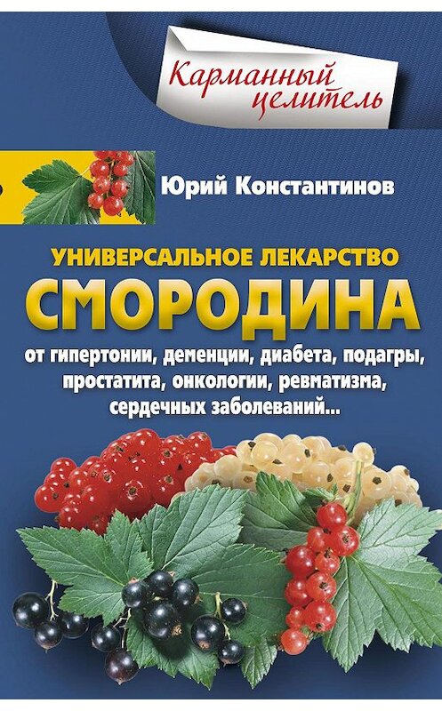 Обложка книги «Универсальное лекарство смородина. От гипертонии, деменции, диабета, подагры, простатита, онкологии, ревматизма, сердечных заболеваний…» автора Юрия Константинова издание 2017 года. ISBN 9785227075413.